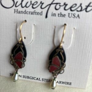 Silver Forest Black and Red Enamel Drop Earrings with Pearl Drops